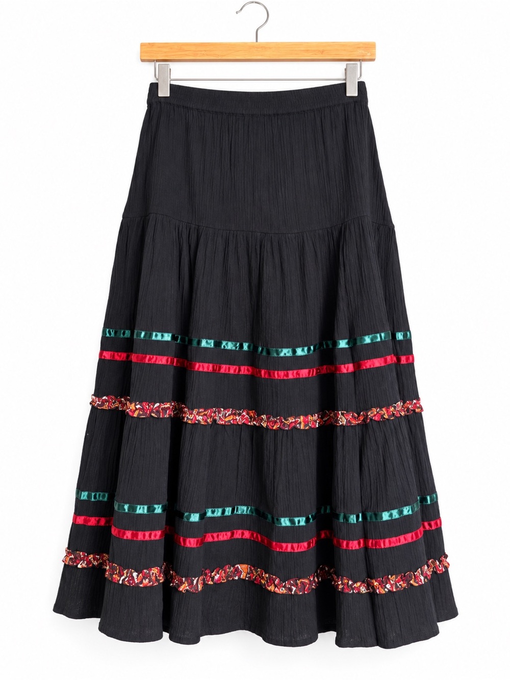 Vintage Black Tiered Maxi Skirt with Red & Green Ribbon Accents